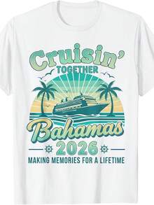 T-shirt vintage bahaméen pour la croisière familiale de 2026 aux Bahamas, orné de motifs de fêtes, d'activités de plage et de sports ; parfait pour une tenue décontractée en extérieur en toute saison avec une finition brillante. - Blanc - Voir 1