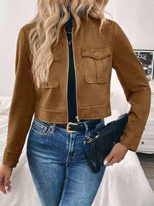 Chaqueta corta de carga de mujer con botones metálicos decorados, cálida y gruesa, adecuada para otoño/invierno - Caqui - Ver 4