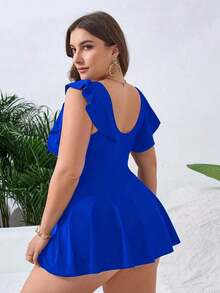 Swim Curve Set de 2 piezas de traje de baño tipo tankini de talla grande para mujer, con unicolor, cintura con lazo, plisado y elegante, que estiliza y es casual para vacaciones de verano - Azul - Ver 2
