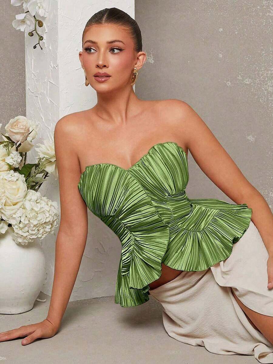 Blusa sin tirantes de satén con pliegues para mujer en Navidad - Verde - Ver 1