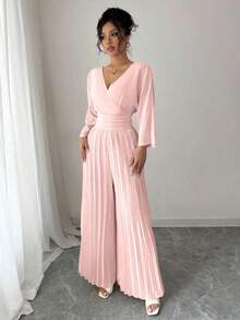 Mono plisado de unicolor para mujer, adecuado para ir al trabajo - Rosa - Ver 3