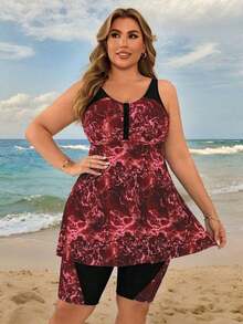 Swim Lushoire Conjunto de tankini de mujer talla grande con estampado de teñido anudado azul y blanco para playa y vacaciones - Burdeos - Ver 5