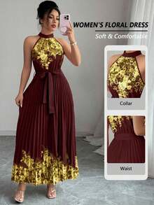 Vestido holgado de verano elegante con estampado floral y cuello halter para mujer - Multicolor 2 - Ver 8