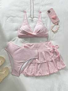 Conjunto de 3 piezas para mujer de verano: Top de punto de jacquard de unicolor con escote cruzado, minifalda de doble capa con lazo al lado, traje de baño - Rosa - Ver 9