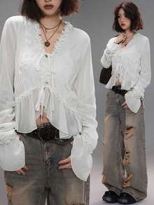 Blusas con textura y volantes plisados para salidas nocturnas, conciertos y uso casual en primavera/verano para mujeres - Blanco - Ver 1