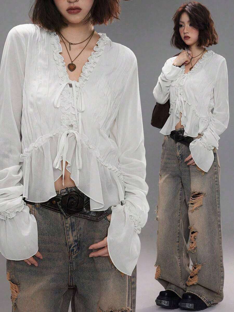 Blusas con textura y volantes plisados para salidas nocturnas, conciertos y uso casual en primavera/verano para mujeres - Blanco - Ver 1