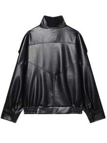 Chaqueta de cuero sintético Abrigo de invierno para mujer con cremallera Atuendos de otoño para mujer Tops de manga larga Prendas exteriores Chaqueta bomber de mujer Abrigo con cremallera Ropa de calle de otoño Chaqueta de carreras Parte superior - Negro - Ver 4