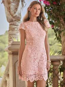 Vestido elegante y romántico de manga corta con cuello redondo, cintura de encaje floral azul, atuendos primaverales para mujer, vestidos de verano, vestidos de picnic casuales para mujer, vestidos casuales para mujer, vestidos de verano para mujer - Multicolor 3 - Ver 5