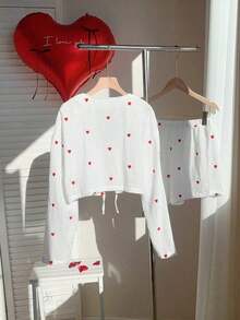 Conjunto de top de manga larga y pantalones cortos con estampado de corazones rojos y blancos, conjunto de Navidad para mujer - Blanco - Ver 2