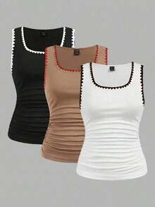 LUNE 3 piezas Blusas casuales de mujer con pliegues y parches de colores, uso versátil para el día a día - Multicolor 7 - Ver 2