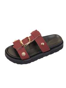 New Fashion Metal Buckle Decor, Open Toe, Platform Thick Bottom Slippers, Fashionable Slides, Comfortable Non-Slip, Versatile, Easy To Clean, Beach Sandals, Suitable For Daily Wear - Wine-red Leather - View 7