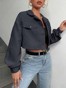 Chaqueta corta de pana con detalle de solapa en el hombro para otoño/invierno - Gris - Ver 5