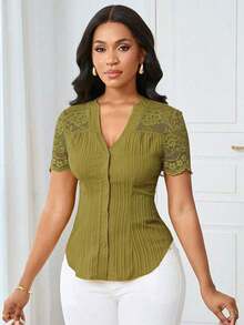 Camisa casual de mujer de unicolor y estilo simple para uso diario, verano - Verde Oliva - Ver 4