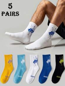 5 Pairs Multi-Color Letter Print Mid-Calf Socks, Soft & Comfortable For Casual, Sports, Commuting Scenes - Multicolor - View 2