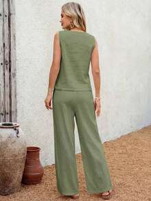 2 piezas Conjunto casual de uso diario con top y pantalones con diseño de abertura de jacquard para mujer - Verde - Ver 2