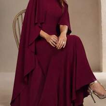 Women's Elegant Red Valentine's Day Cape Sleeve Cinched Waist Fitted Mermaid Dress - Suitable For Valentine's Day Date, Formal Party, Gala Spring - Burdeos - Ver 6