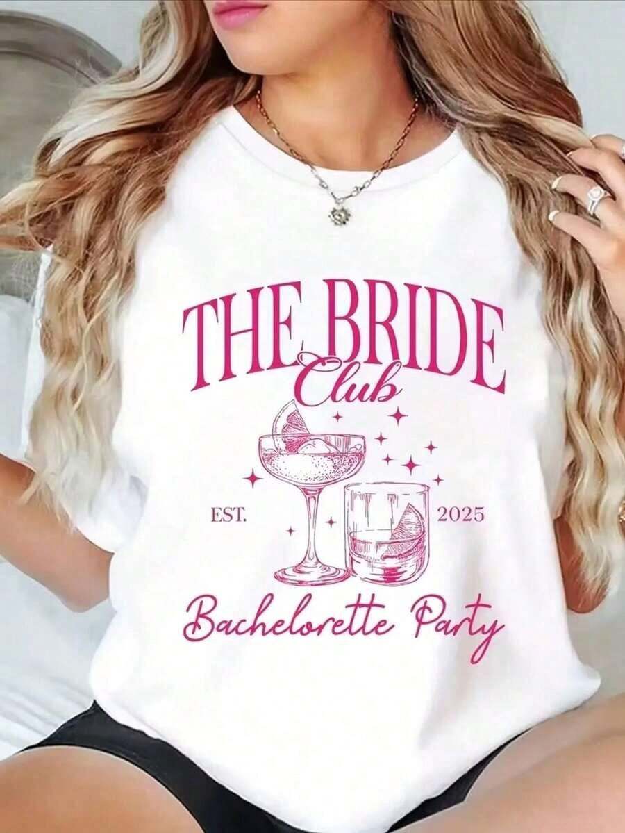 Women's Basic Short Sleeve T-Shirt Autumn/Winter 2025: Round Neck, Loose Fit, Bachelorette Party Print, Soft Fabric With Perfect Drape And Ultra-Combinable Blouses For Women, Women's T-Shirts, Casual Blouses For Ladies - 白色的 - 查看 1