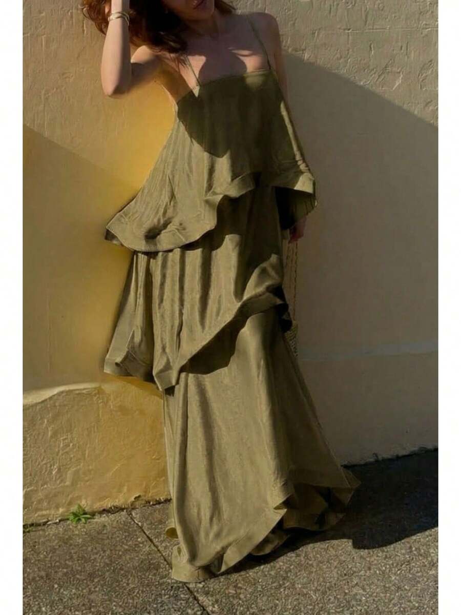 KZKZWK Women's Tiered Ruffle Strapless Maxi Dress, Satin Fabric For Formal Events & Galas - 褐色 - 查看 1