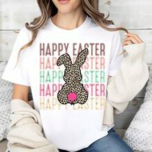 Camiseta Casual Negra con Estampado de Conejo de Pascua y Leopardo para Celebración de Pascua - Blanco - Ver 2