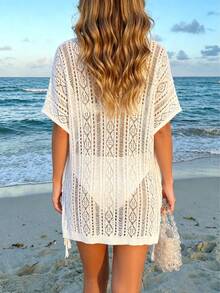 NZZOF Vestido de ganchillo estilo bohemio, vestido holgado de verano para mujer con cuello en V y calado, cubrecosturas de punto para la playa (bikini no incluido) - Blanco - Ver 2