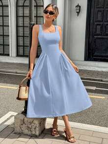 Vestido maxi elegante de mujer con cuello cuadrado, sin mangas y plisado de unicolor - Celeste - Ver 3