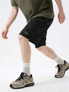 Men's Summer Quick-Dry Breathable Camo Casual Shorts, Small Logo Elastic Drawstring Waist Loose Straight Leg Bermuda Shorts, Suitable For Running, Fitness, Outdoor Activities - Black - View 2