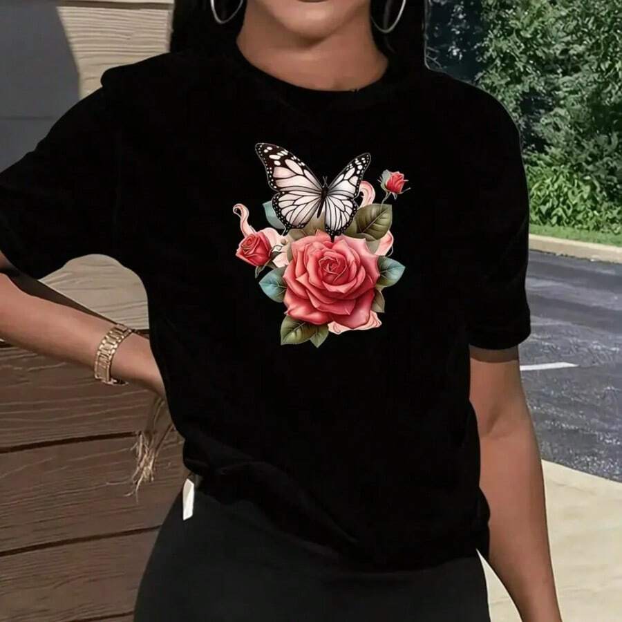 Esta blusa de manga corta para mujer combina el estilo europeo y americano, con estampado de rosas, cuello redondo y un ligero toque elástico, lo que la convierte en la opción ideal para un look casual de primavera/verano. Además, es lo suficientemente versátil para usarla a diario. - Negro - Ver 1