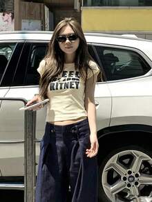 Letter Print Round Neck Fitted Short Sleeve T-Shirt For Women, Summer Casual, Streetwear - Apricot - View 6