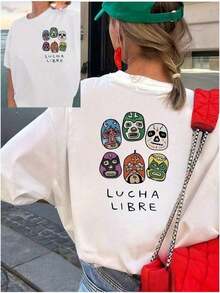 Camiseta de Lucha Gráfica para Mujer - Camiseta Estampada Delante y Detrás con Texto de Lucha - Camiseta Blanca con Mascarillas Coloridas - Top Casual de Cuello Redondo para Fans de la Lucha, Cosplay, Ropa Urbana Diaria - Ropa de Primavera-Verano-Otoño, Moda de Verano, Diseño Divertido, Ajuste Cómodo, Moda de Primavera, Camiseta de Moda, Material Transpirable, Camiseta de Manga Corta, Amantes del Estilo Urbano. - Blanco - Ver 7