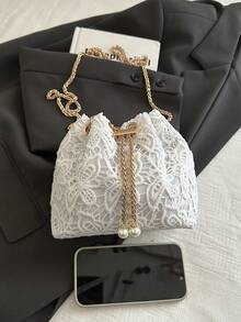 Bolso de hombro tipo cubo mini con cadena y unicolor de encaje de moda - Blanco - Ver 7