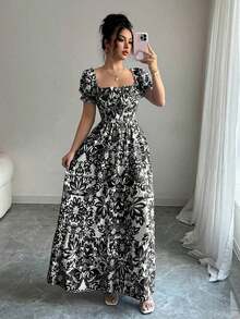 Nuevo Vestido Largo Elegante de Mujer con Mangas de Globo de Estampado Digital, Nudo Delantero, Recorte Trasero en la Cintura, Favorecedory Encantador para Vacaciones y Citas Nocturnas - Blanco y Negro - Ver 3