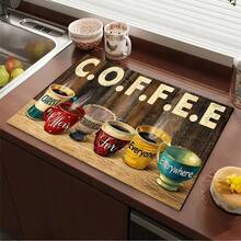 1pc Colorful Coffee Print Pattern Absorbent Mat/Drying Mat For Coffee Maker, Dishes - Absorbent Polyester Desktop Protective Mat With Rubber Anti-Slip Pad, For Kitchen Counter Decor, Home Bar And Dining Table - Multicolor - View 2