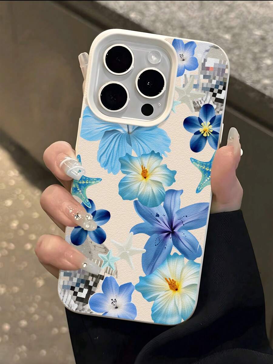 1 pieza Funda de teléfono a prueba de golpes de cobertura total de TPU con diseño de flor azul y estrella de mar, compatible con Apple 17, 16, 15, 14, 13, 12, 11 Pro Max, Series - Multicolor - Ver 1