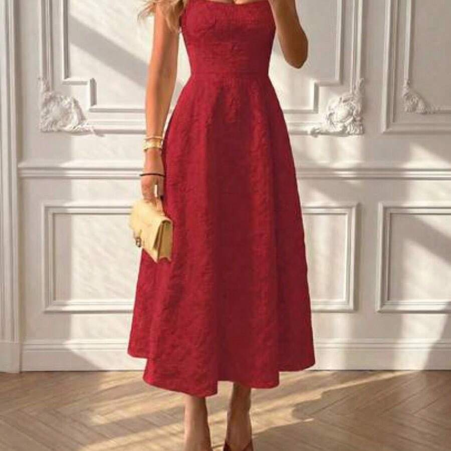 Floreya Summer Elegant Solid Color High-End Chic Style Prom Dress, Waist-Cinched Fitted Spaghetti Strap Midi Dress, White Party - Burdeos - Ver 1