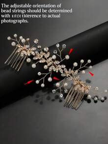 1pc Adjustable Pearl Beaded Hair Comb, Silver Crystal Bridal Hair Accessory With Leaves, Suitable For Women Wedding - Gold - View 3
