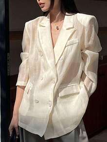 Blazer casual de manga larga con bolsillo y cierre de botones delantero liso para mujer, ropa de otoño para vestir en la oficina - Beis - Ver 1