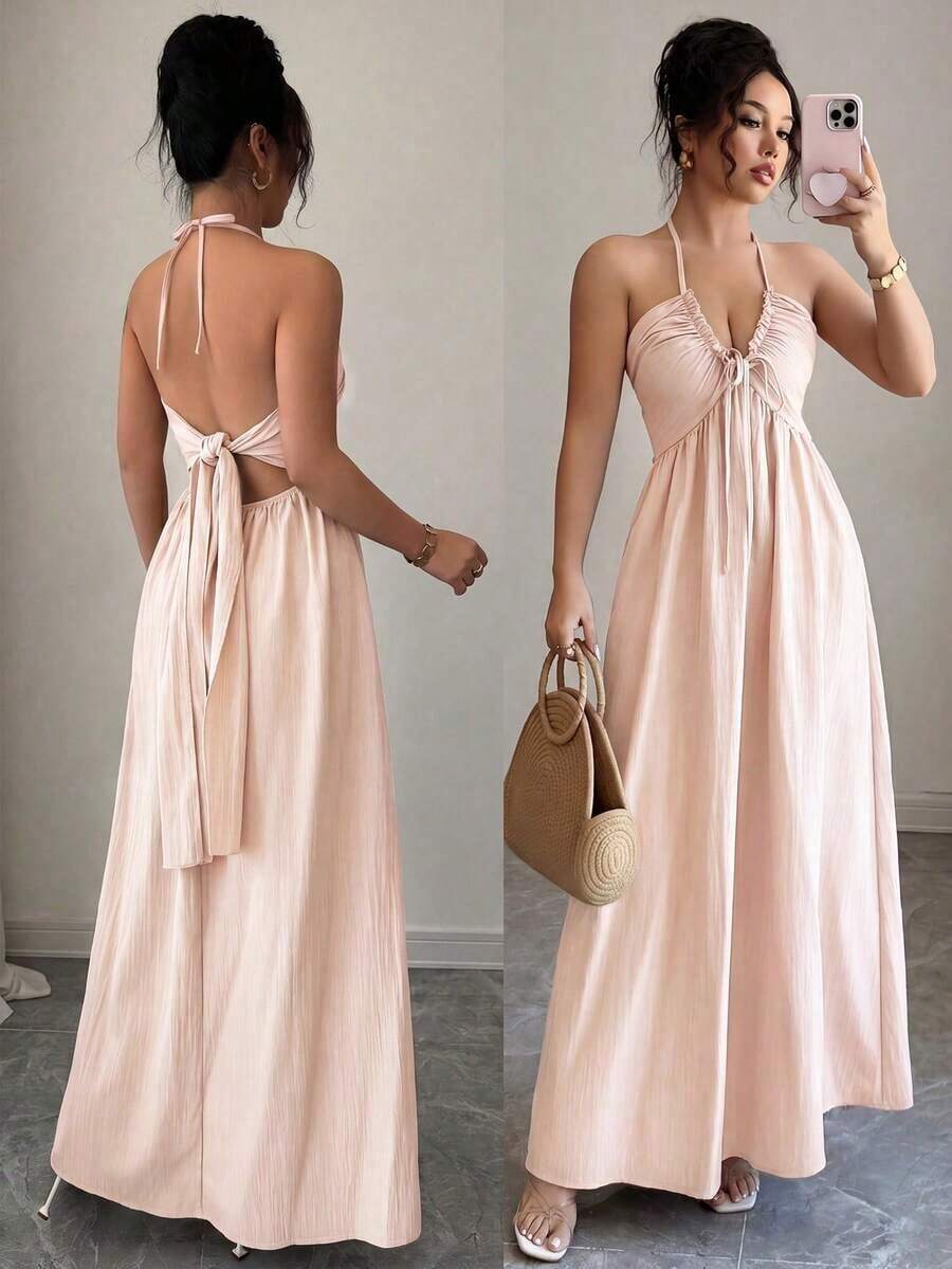 Vestido línea A con escote halter, cordones y espalda descubierta - Rosa 2 - Ver 1