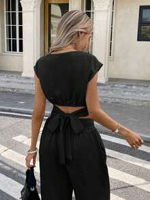 Conjunto de 2 piezas de blusa y pantalones con lazo en la espalda de unicolor para mujer, un conjunto de top holgado y pantalón de pierna ancha con lazos en la espalda, unicolor, elegante y casual, adecuado para el uso diario, primavera/verano - Negro - Ver 3