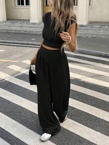 Conjunto de 2 piezas de blusa y pantalones con lazo en la espalda de unicolor para mujer, un conjunto de top holgado y pantalón de pierna ancha con lazos en la espalda, unicolor, elegante y casual, adecuado para el uso diario, primavera/verano - Negro - Ver 6