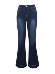 Jeans acampanados de tiro bajo casuales de mezclilla estilo streetwear Y2K para mujer, de vuelta a la escuela, otoño y primavera - Azul - Ver 7