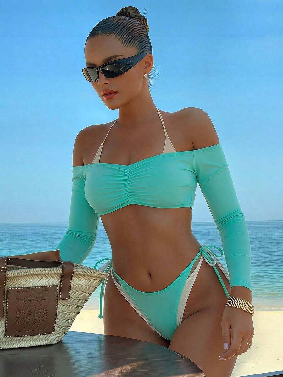 Conjunto de 3 piezas de traje de baño negro y blanco para mujer, conjunto de traje de baño casual y sexy de 3 piezas para resort de playa, conjunto de traje de baño de 3 piezas para mujer, Bottom de traje de baño para mujer, conjunto de playa negro y blanco para mujer - Verde 2 - Ver 1