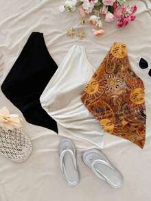 4 piezas Conjunto de blusas sin mangas de unicolor y hombros asimétricos versátiles para mujer, adecuadas para vacaciones - Multicolor 4 - Ver 4