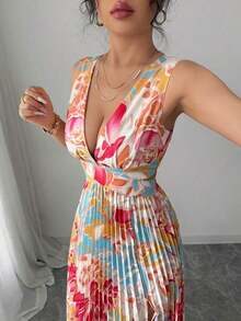 Vestido elegante y romántico para mujer con escote en V sin mangas, cintura hueca, plisado en línea A y estampado floral - Multicolor 2 - Ver 5