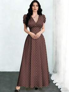 Vestido de mujer de ajuste ceñido con cuello cruzado, botones de perlas y mangas abullonadas - Multicolor 4 - Ver 4