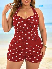 Swim Lushoire 1 pieza Parte superior de tankini con estampado de lunares y frente cruzado para mujer talla grande, con pantalones cortos con cordón ajustable, traje de baño de una pieza elegante y casual para usar a diario o de vacaciones en la playa - Rojo - Ver 5