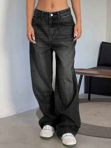 Pantalones vaqueros de pierna ancha con bolsillo en diagonal, pantalones vaqueros anchos - Negro - Ver 3