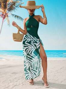 Swim 1 pieza Traje de baño de una sola pieza para mujer, con cuello de halter y lazo, en verde fresco, informal para playa, piscina, fiesta, primavera/verano - Verde - Ver 8