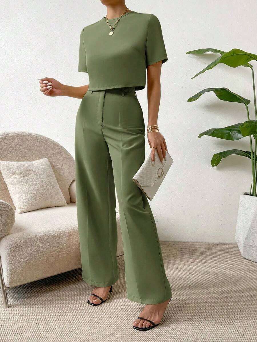 Camisa crop unicolor & Pantalones de pierna ancha - Verde militar - Ver 1