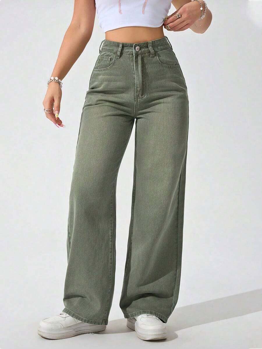 Jeans de mezclilla casuales de unicolor para mujer - Verde militar - Ver 1