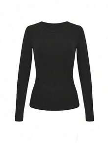 Set de 3 camisetas casuales de manga larga con cuello redondo y costillas de unicolor para mujer - Multicolor - Ver 7